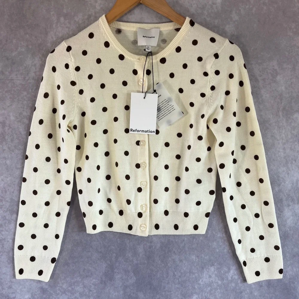 Reformation Cream Cardigan with Brown Polka Dots